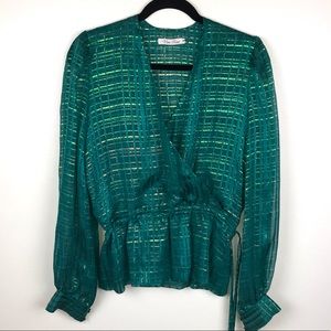 VTG Silk Green Metallic Plaid Blouse